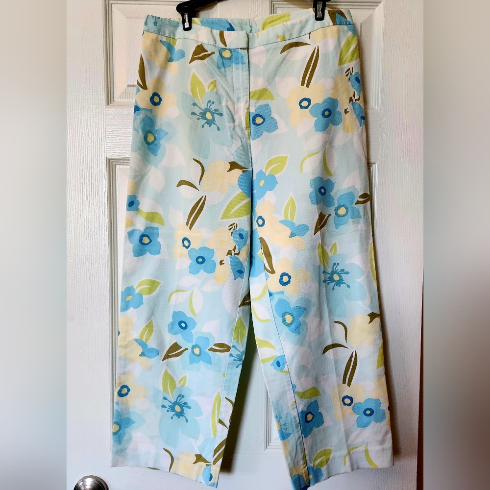 Cropped pants.  Pastel floral and FUN. Size 8-10.